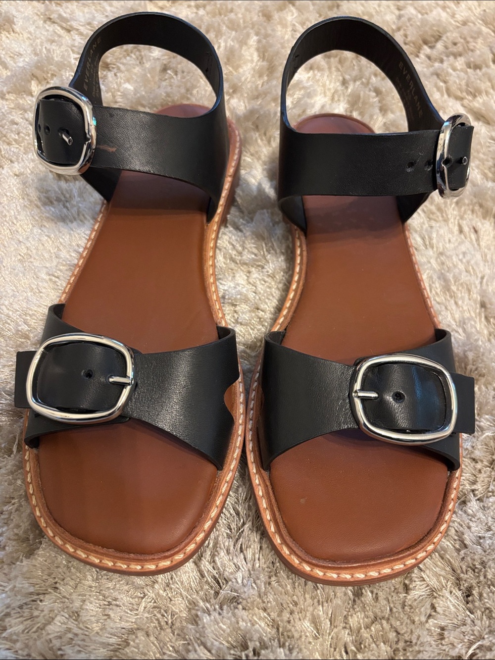 Everlane Black Leather Buckle Sandals with Tan Sole - Picture 6 of 8